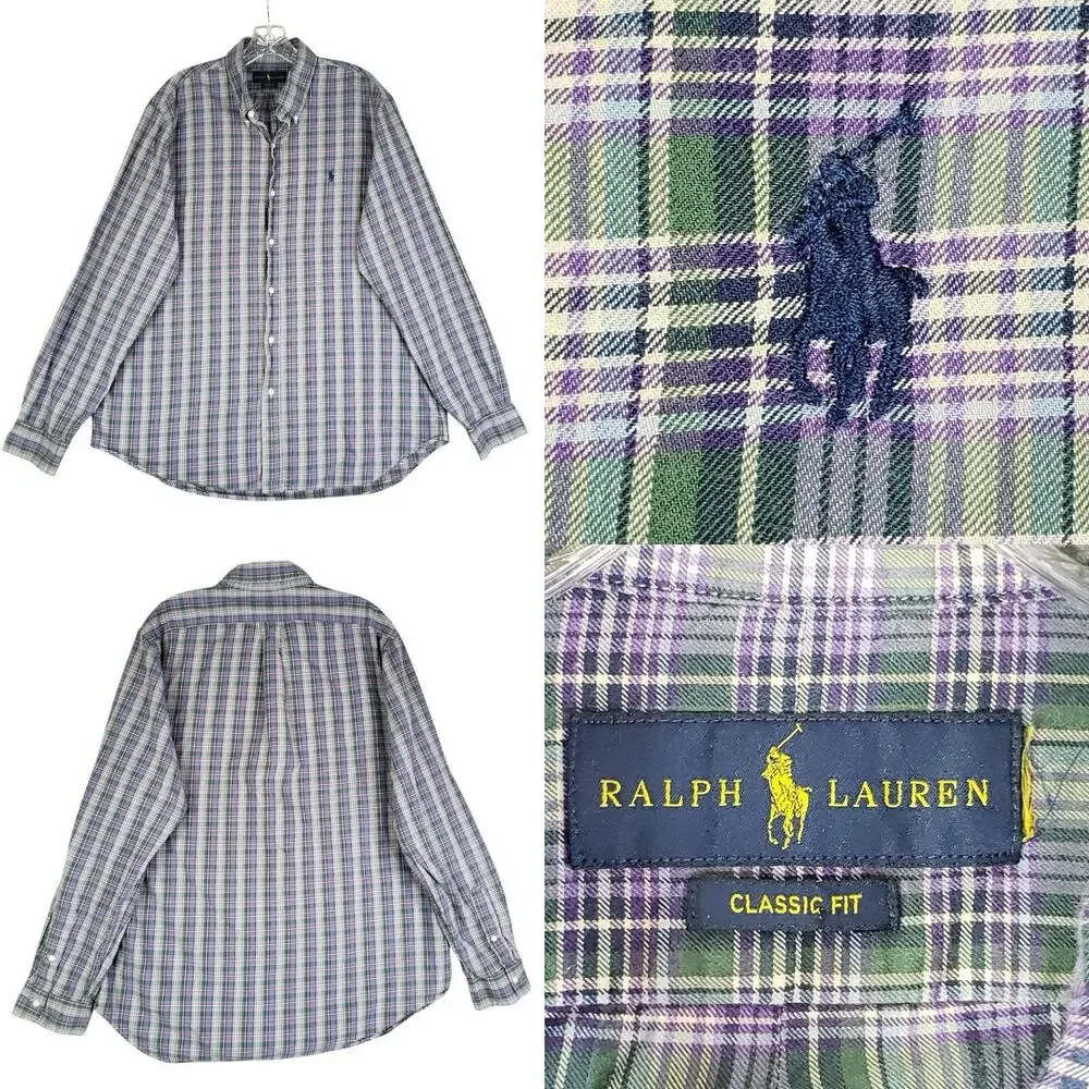 Polo Ralph Lauren Shirt Oxford Button Down Purple Green Plaid LS Size Large L ?